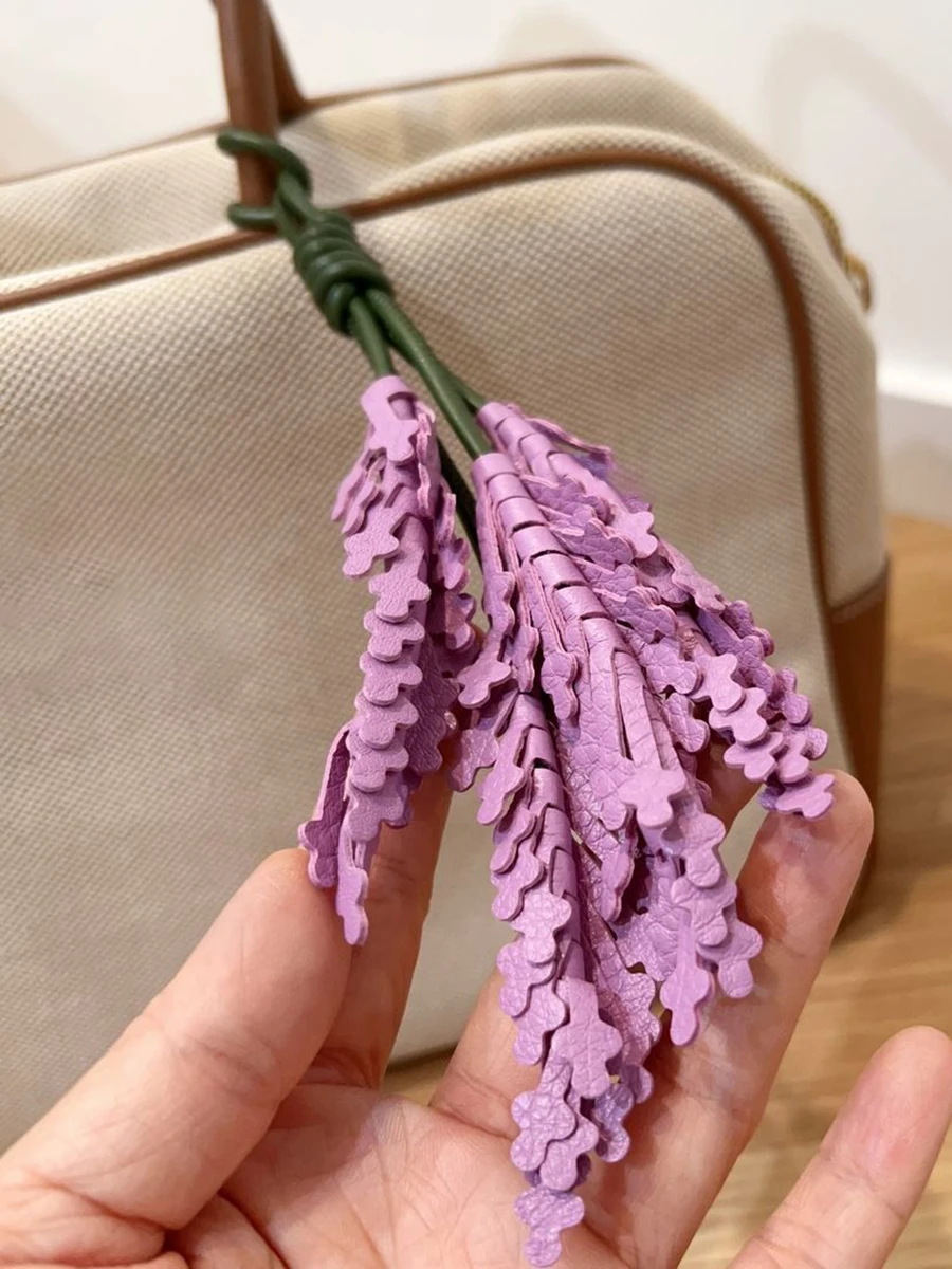 Lavender Cowhide Leather Bag Charm Purple Flower Keychain Bag Pendant Decoration High Quality Girl Gift Bag Accessories