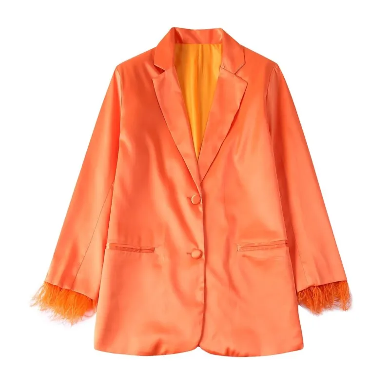 Women's Satin Blazer With Feather Decoration New 2026 Autumn Suit Collar Pocket Women Winter Coats Female Outerwear