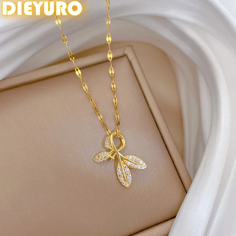 DIEYURO 316L الفولاذ المقاوم للصدأ الذهبي ليف دلاية من حجر الزركون قلادة للنساء موضة جديدة الاتجاه سلسلة عنق مجوهرات هدية براقة