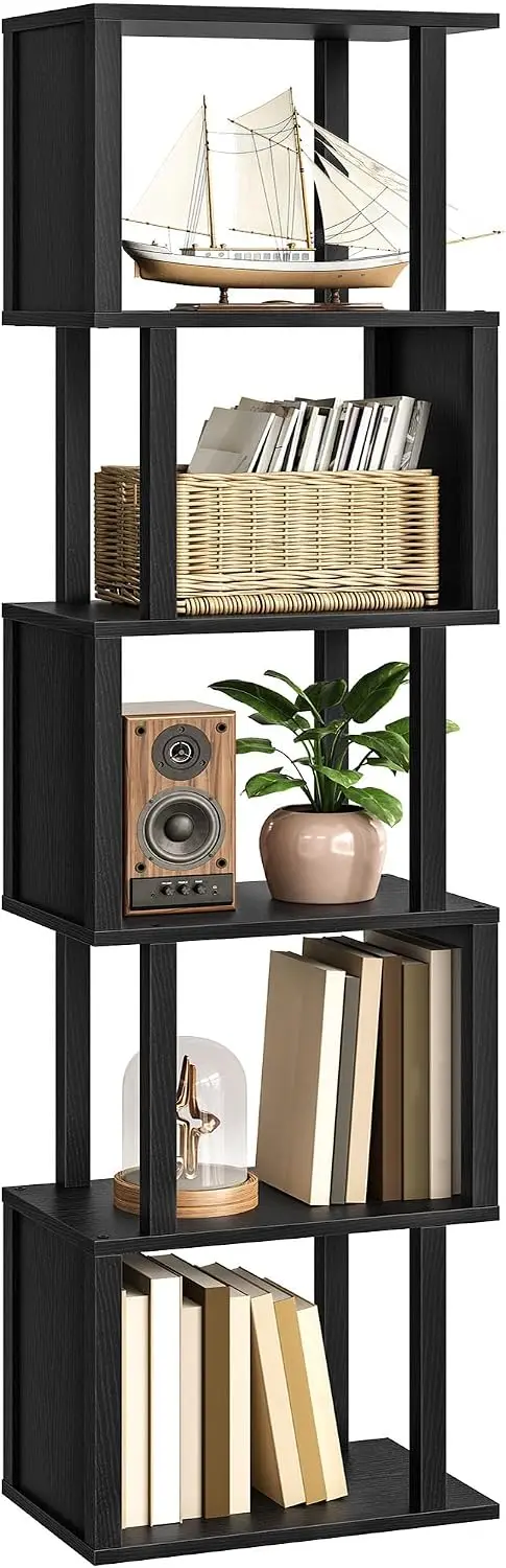 CHOEZON S-Shaped 5-Tier Bookshelf, 58.1-Inch Tall Bookcase with Anti-Tip Kit, Open Display Shelf for Living Room, Office, Bedroom Storage, Black MSJ01BB