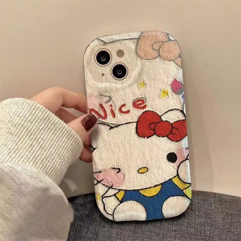 

Kawaii Sanrio Hello Kitty Cream Painted Silicone All Inclusive Phone Case for iPhone 16 15 14 12 13 11 Pro Max Fall Prevention
