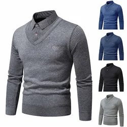 Autumn and Winter New Men's Fake Two Piece Sweater with Fleece and Slim Fit Polo Collar Knitted Bottom Shirt Thickened and Warm