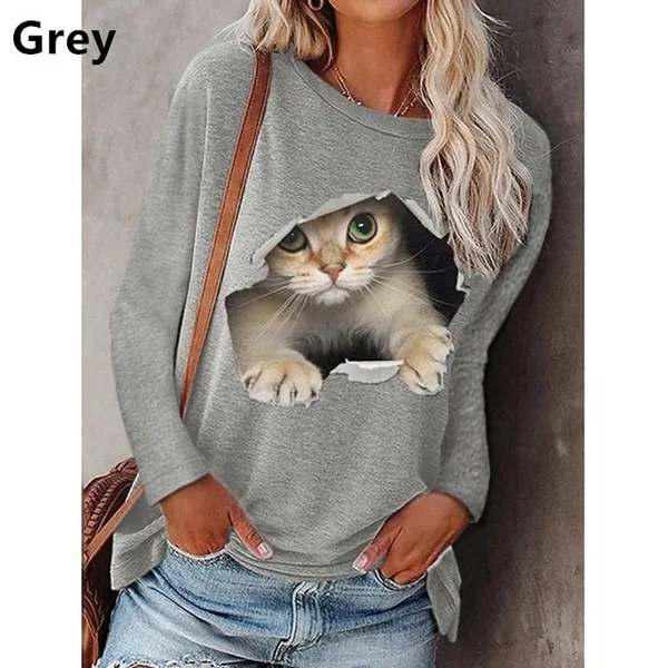 2023 Autumn Winter Womens Clothing Casual Loose T-Shirts Femme Long Sleeve Hoodies Cute Cat Print Pullover Ladies Round Neck Top