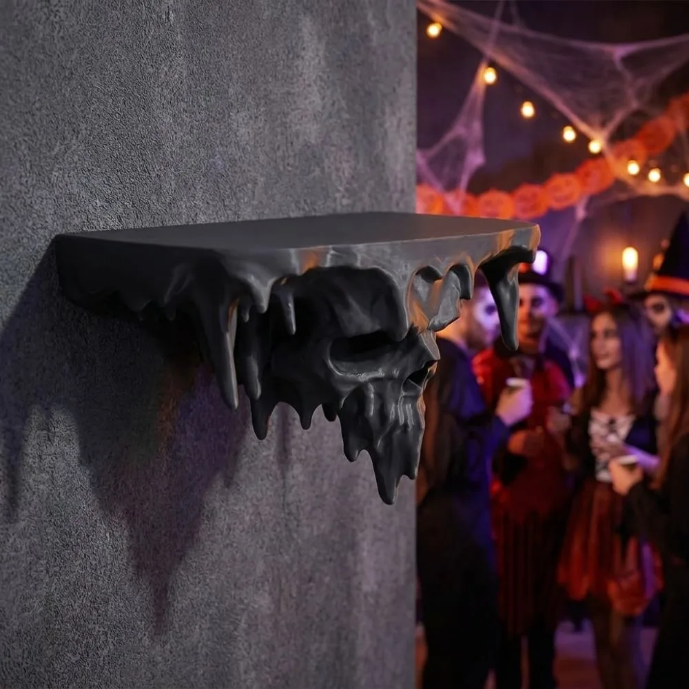 3D-gedrucktes Totenkopf-Tropfen-Wandregal aus Kunststoff, dunkel, Gothic, schmelzender Totenkopf, unregelmäßig tropfenförmig, künstlerisch