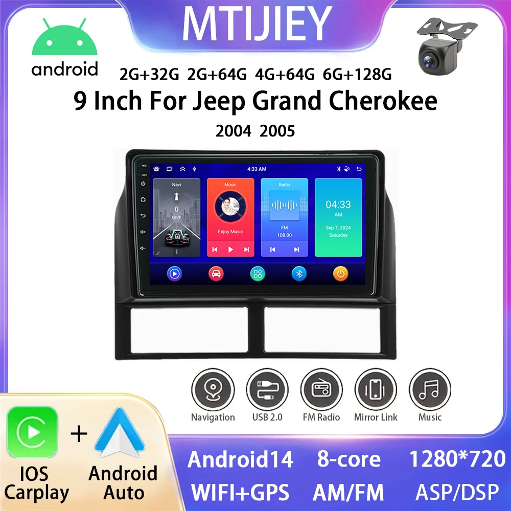 

9" Android 14 For Jeep Grand Cherokee 2004 2005 Car Navigation Stereo Touch Screen Radio with Wireless Carplay and Android Auto