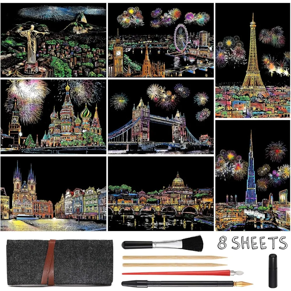 

Adult and children's scratch art painting kit, rainbow painting sketch night scene scraper
