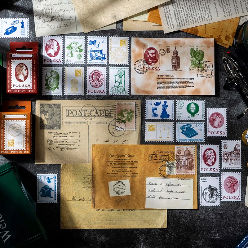 100 Sheets Vintage Stamp Boxed Stickers Little Postman 3 Faded Post Office Series Journal Decals 8 Types Cute Stickers