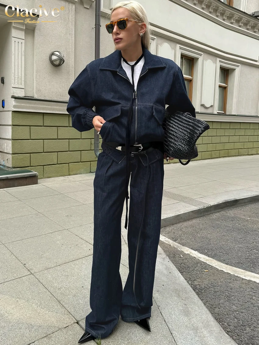 

Clacive Fashion Loose Blue Denim Women's Two Pieces Set 2025 Elegant Long Sleeve Shirt With High Waist Wide Pants Set Female