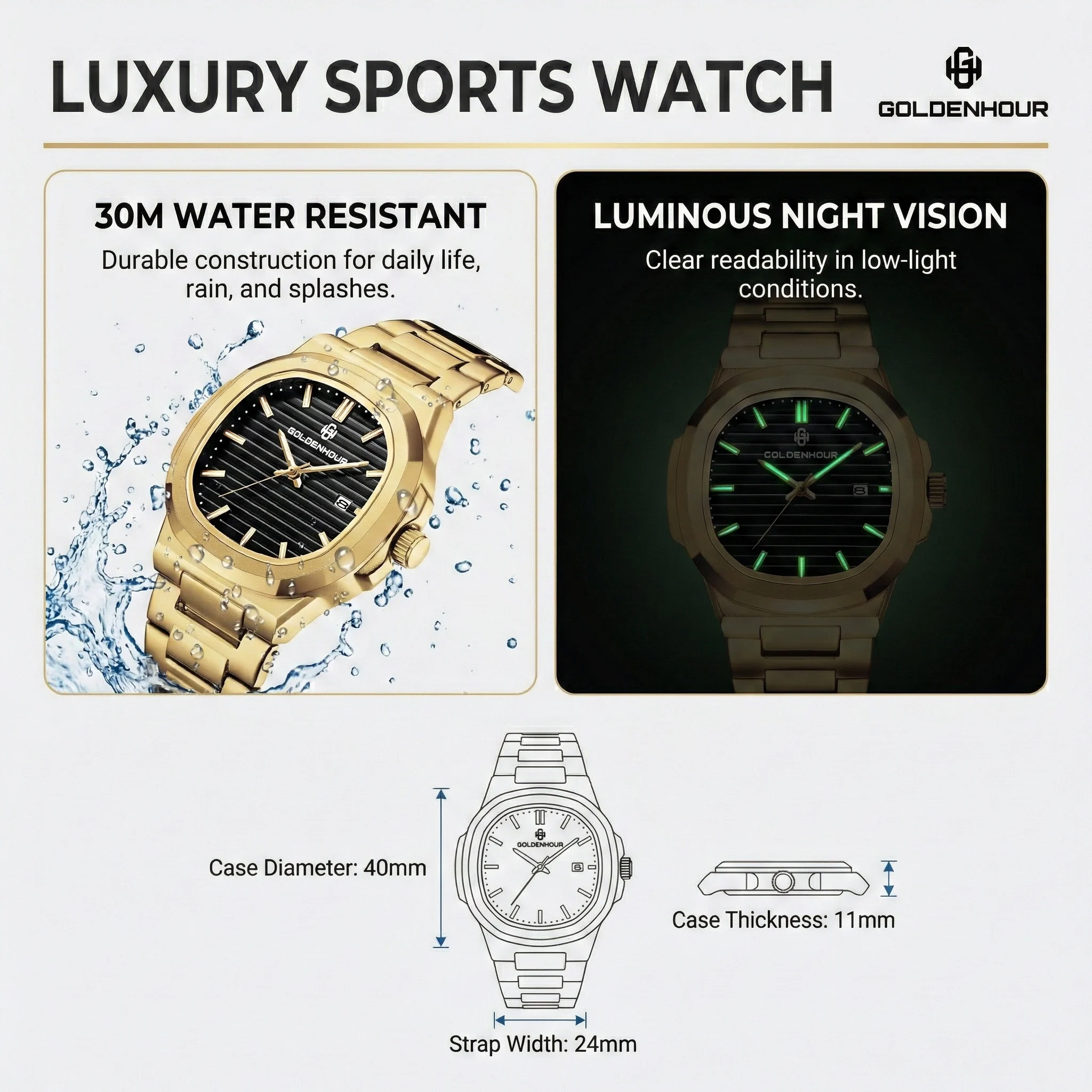 GOLDEN HOUR Brand Luxury Business Men Watches Gold Stainless Steel Waterproof Quartz Watch Luminous Date Men's Fashion Wristwatc