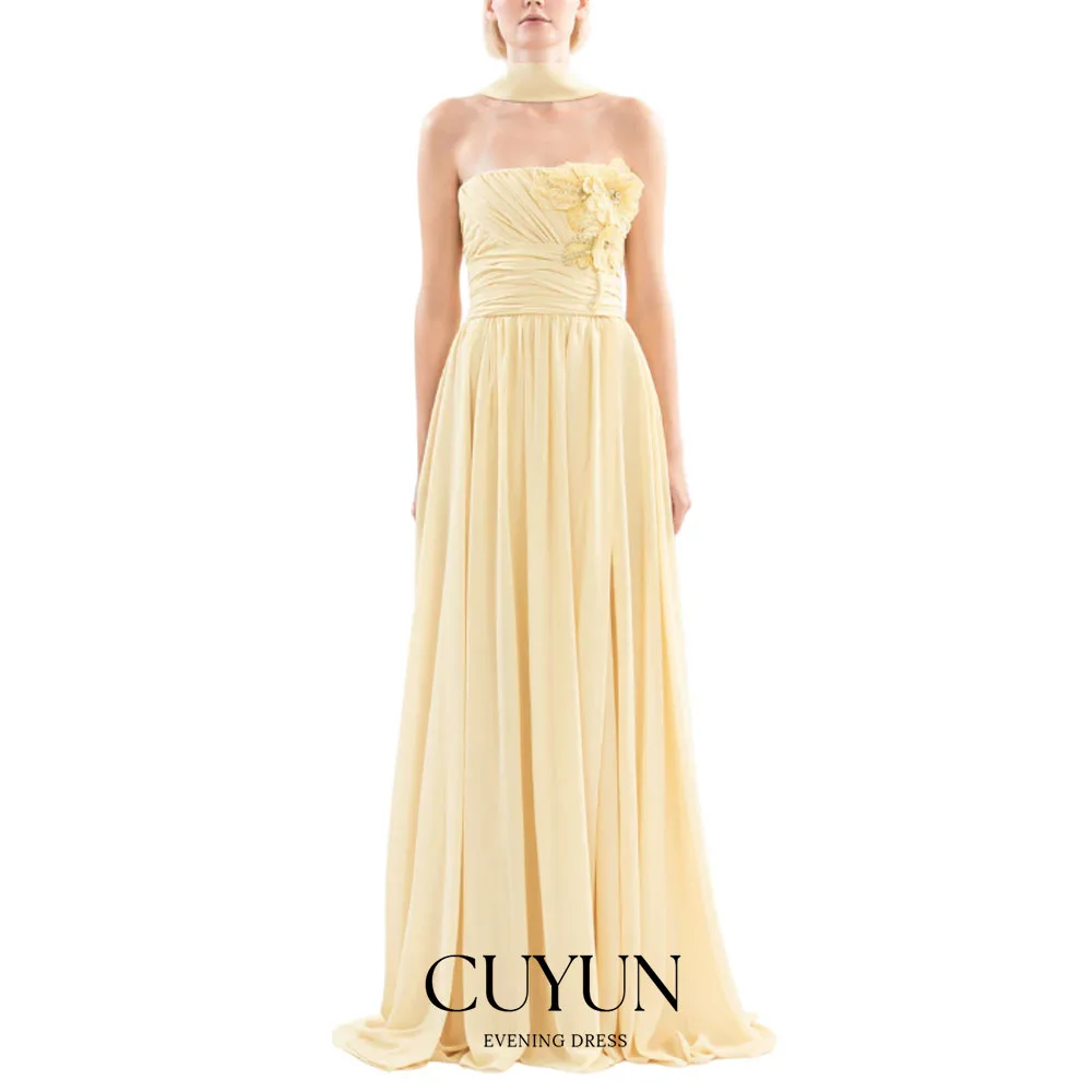 CUYUN فساتين حفلة موسيقية طويلة من الشيفون الأصفر الفاخرة مزينة بالزهور فستان سهرة رسمي مخصص مع وشاح فساتين زفاف الضيوف