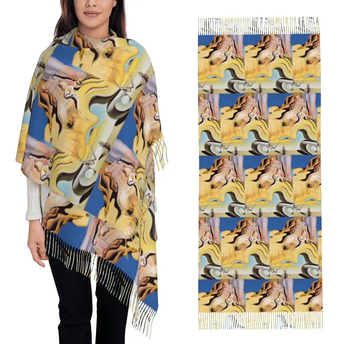 

Encounter Surrealist Dreamscape Salvador Dali Poster Scarf Tassel Scarves for Women Shawls and Wraps Long Fall Winter Shawl Wrap