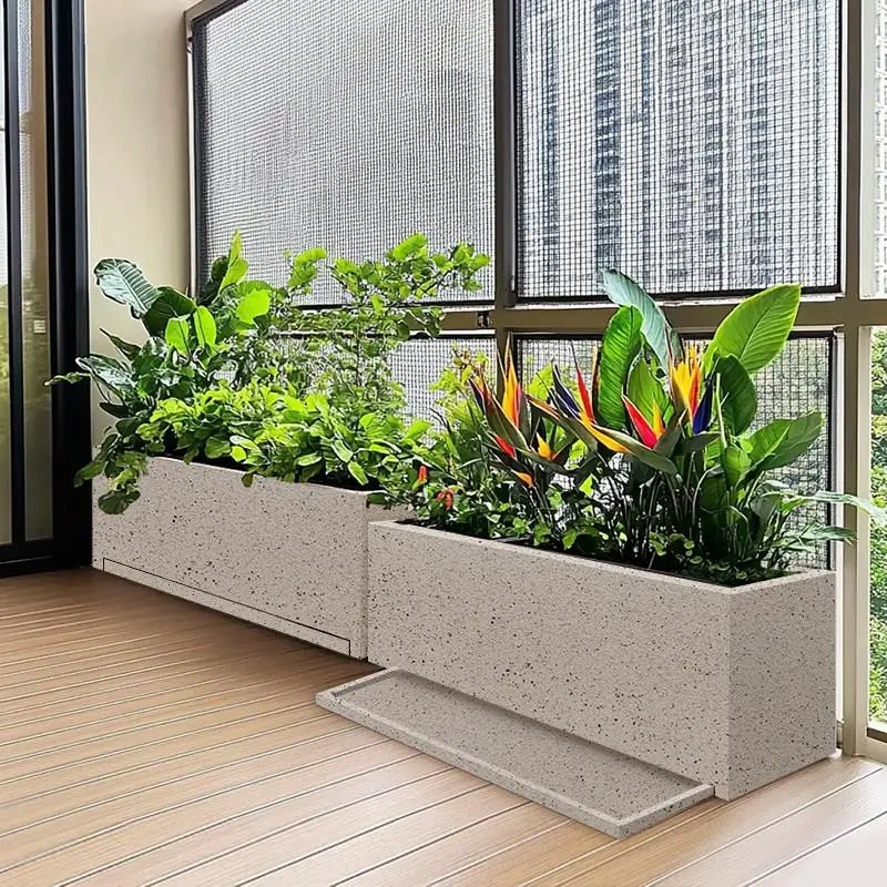 Rectangular Cement Board Flower Pot with Tray Planting Box Balcony Green Plant Growing Basin Simple Style Garden Decoration