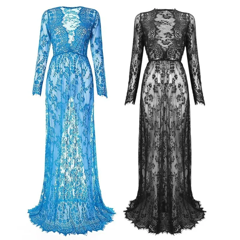 Vintage Sexy Women's Maxi Dress Transparent Lace Deep V Neck Long Sleeve See through Beach Photography Prop Gown view 5