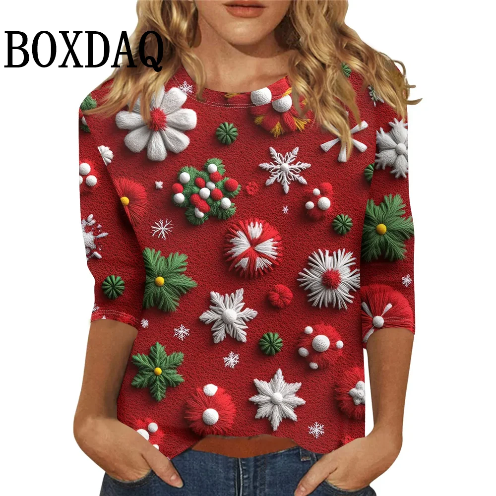 

2025 женские модные вечерние футболки, зимние повседневные свободные пуловеры с длинными рукавами и рождественским принтом, топ Roupas Femininas Y2k, футболка