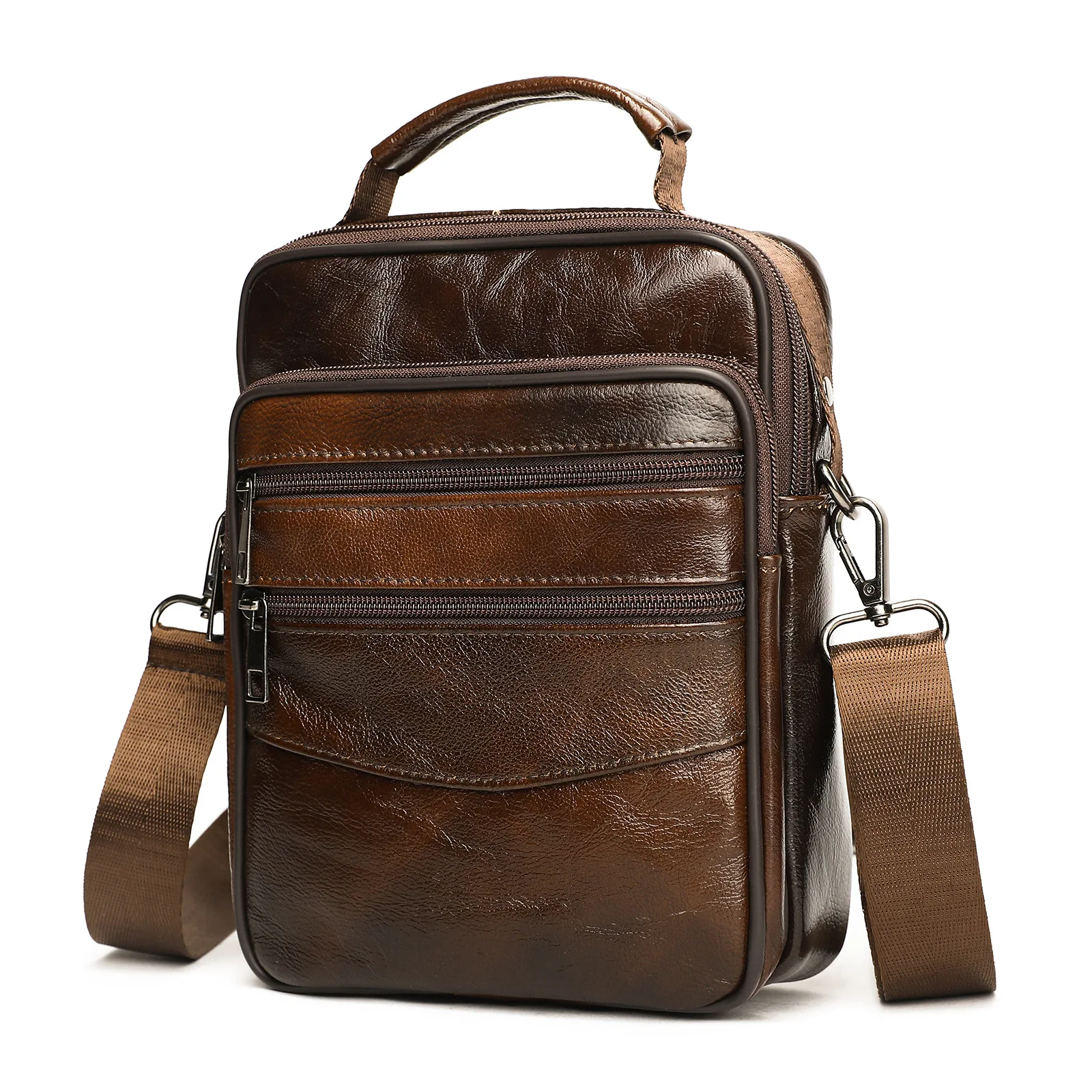 Men Genuine Leather Crossbody Bag Top Handle Multi Zipper Shoulder Handbag Adjustable Strap Casual Travel Business Purse
