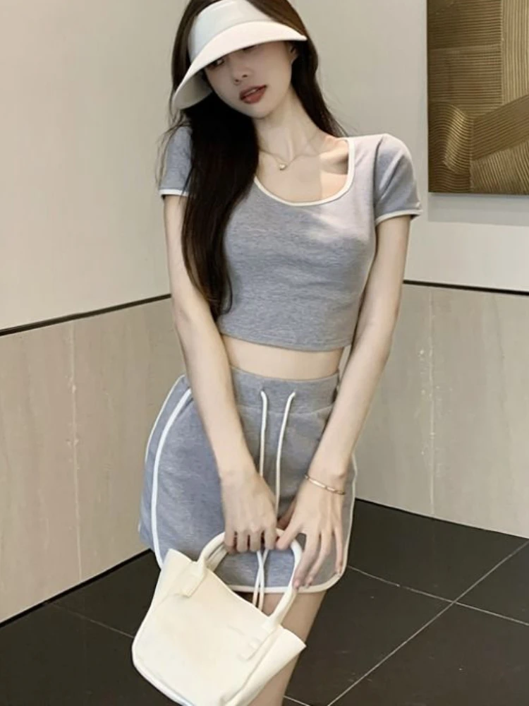 2 Pcs Sets Women Panelled Crop Tops T-shirts Drawstring Mini Skirts Hotsweet Sporty Tender Summer Slim Fashion Streetwear Casual