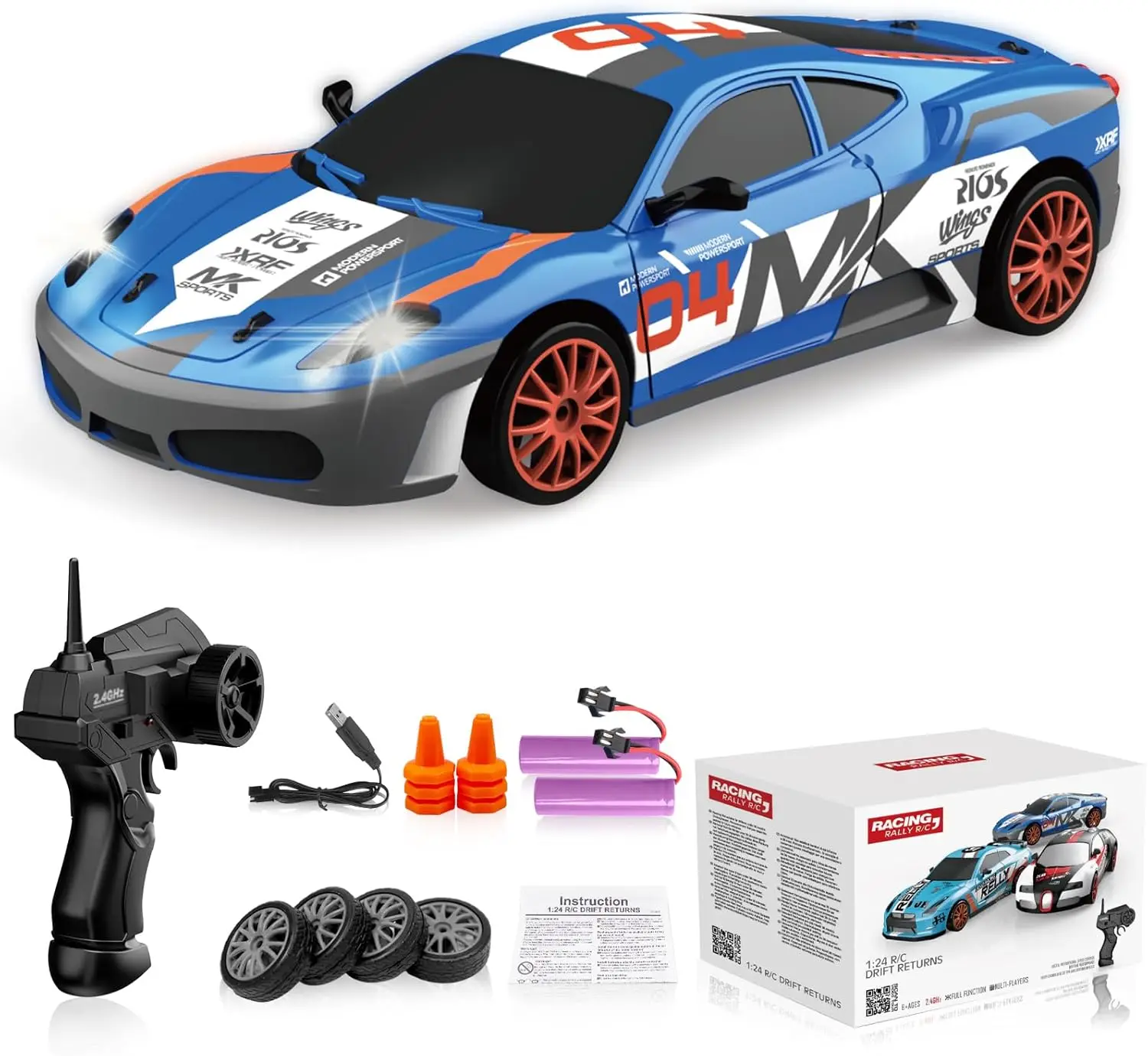 

RC Drift Car 2.4GHz 1:24 Scale 4WD High Speed 4WD Drifting Racing Kids Unisex Blue Plastic Remote Control Rechargeable