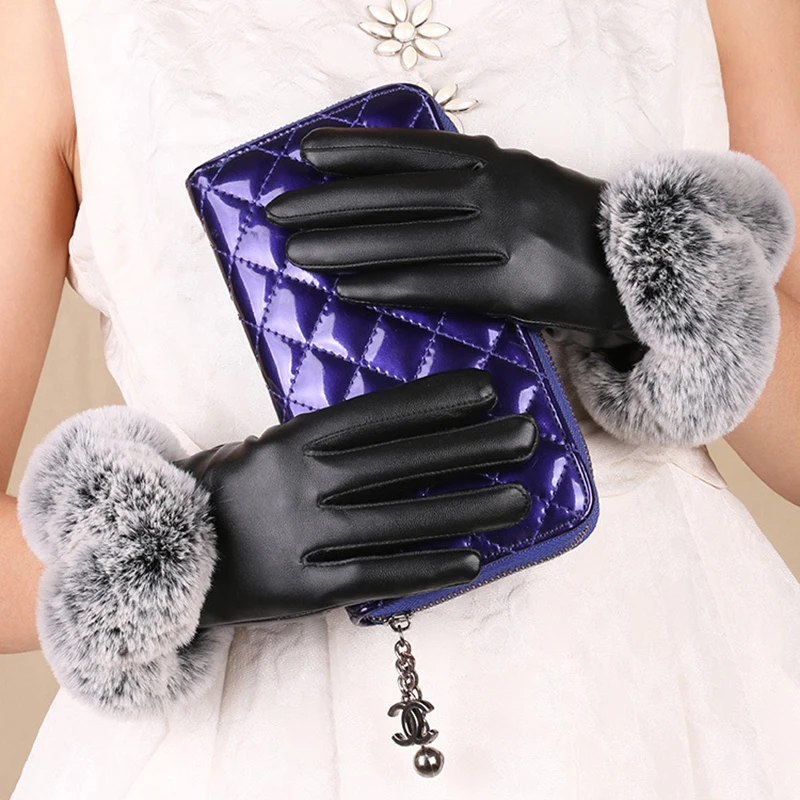 1 Pair Women Winter Warm Gloves Women Lady Black PU Leather Gloves Autumn Winter Warm Rabbit Fur Mittens Warmth Warmer Mittens