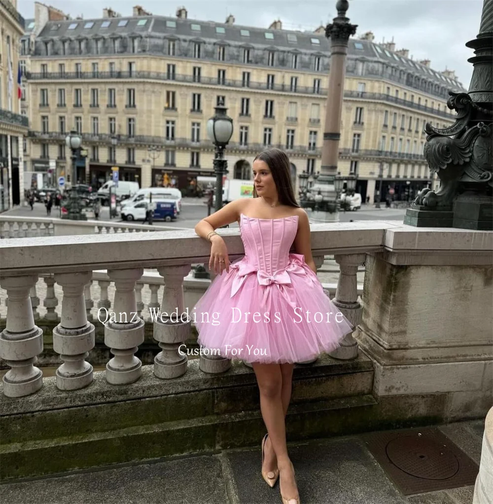 Qanz Pink Tulle Prom Dresses Bone With Bows Lace Up Back Short Women Party Gown Mini A Line Vestidos De Fiesta Customized