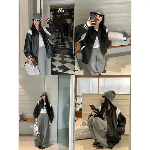 OUYANG Xiao Xiang-stil långärmad paljettkavaj med dragkedja för dam, retro amerikansk fotboll, fritidsjacka i PU-läder med dragkedja 10 best sales Jacka Fotboll Amerikansk - №1