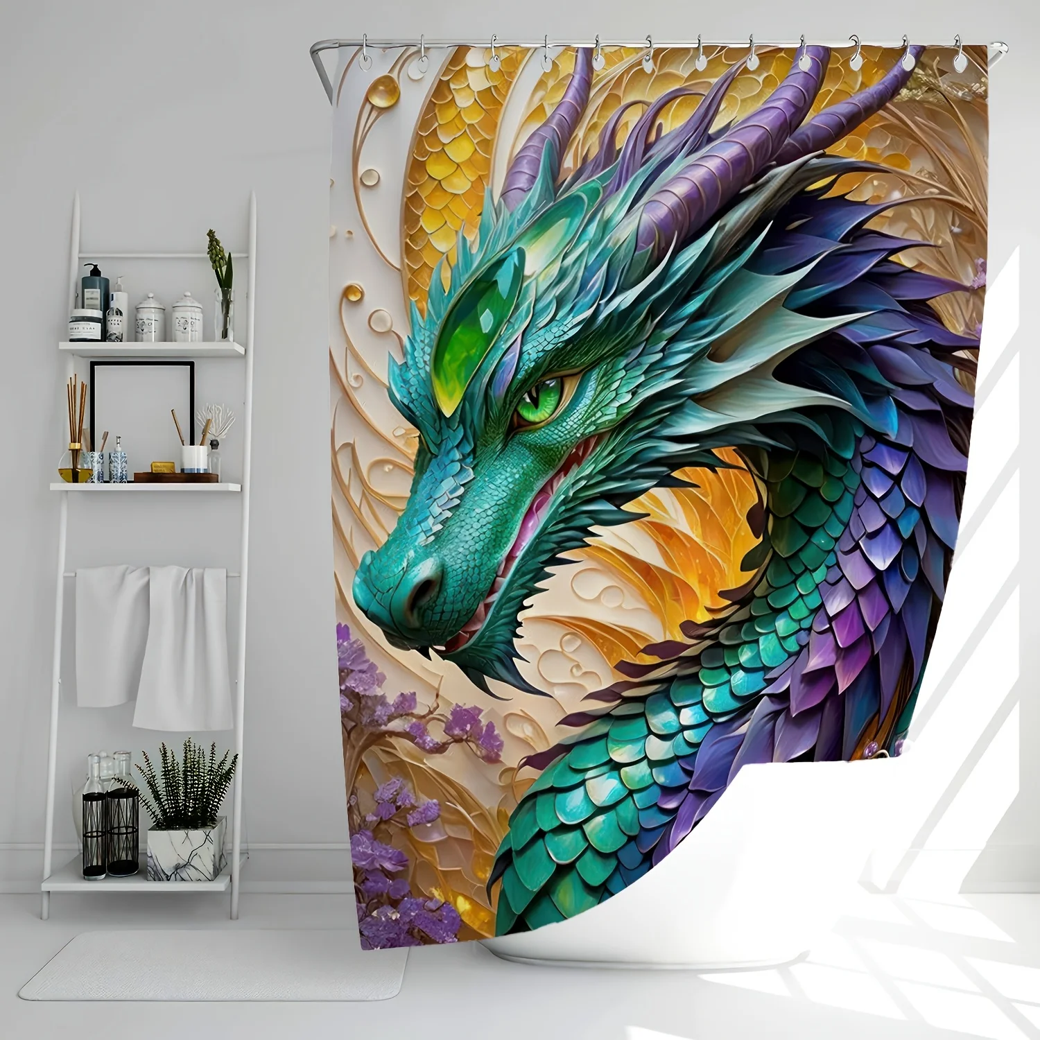 1pc Spring/Summer Fantasy Dragon Pattern Digital Print Shower Curtain, Bathroom Home Decor with Free Hooks, Machine Washable