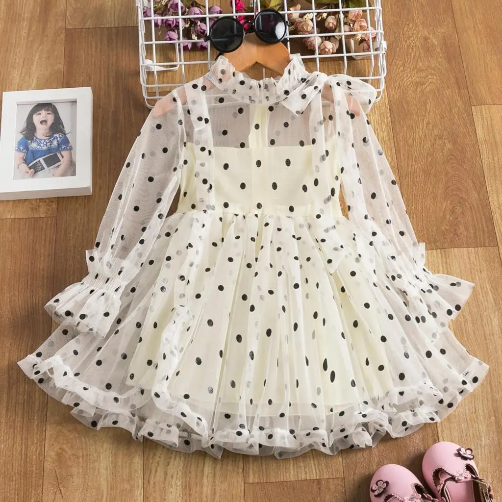 2-7 Year Polka-dot Girls Princess Dress For Kids Spring Autumn Long Sleeve Elegant Birthday Party Gown Children Casual Clothes