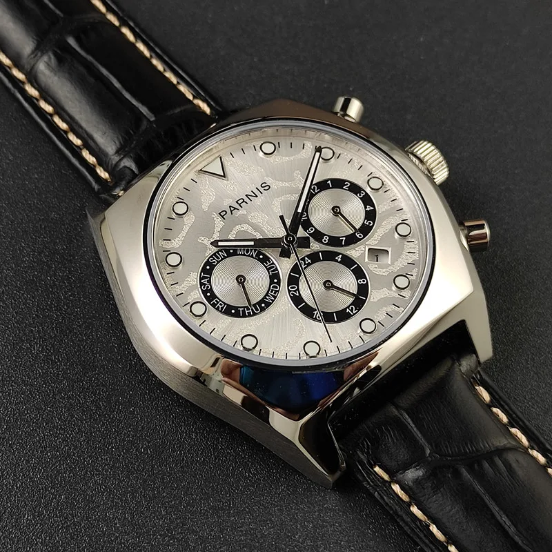 Parnis Automatic Mechanical Watch, Panda‑Dial Triple Calendar, Day‑Of‑Week & 24‑Hour Indicator, Vintage Model 381, Men’s Watch w