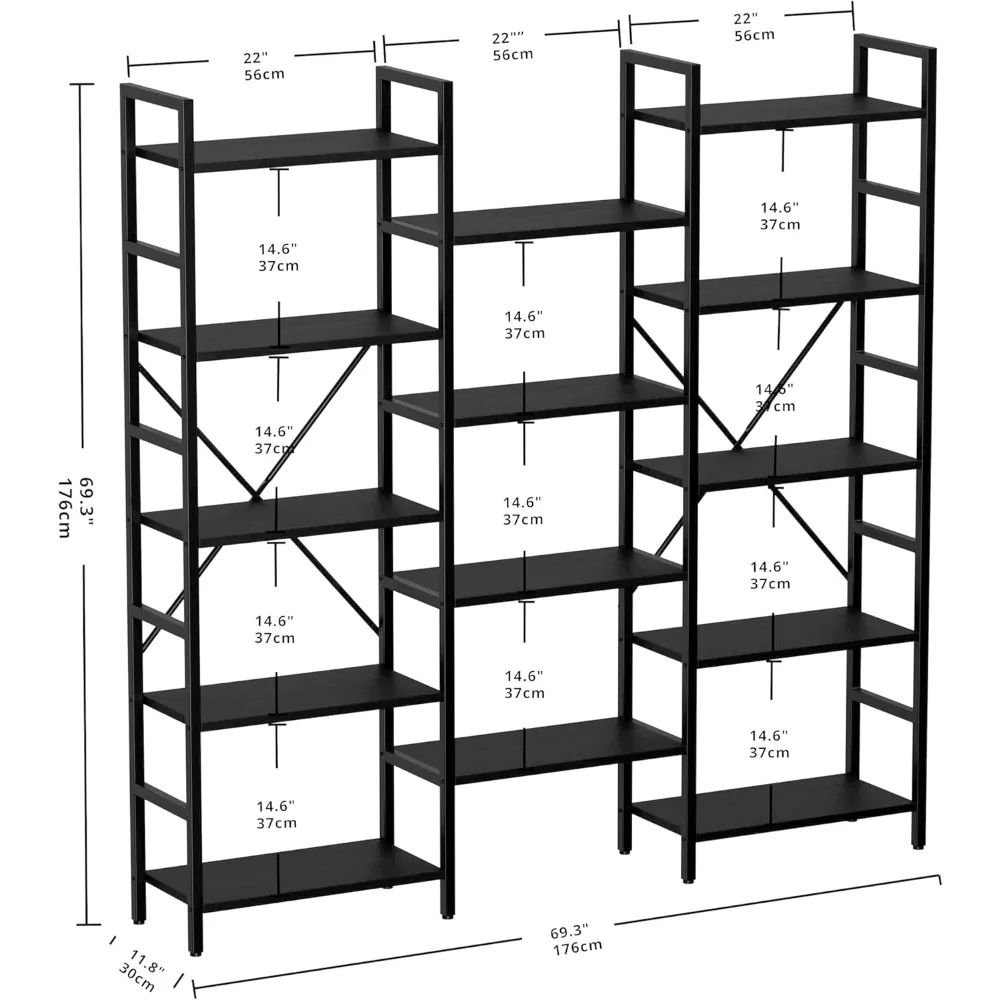 Libreria in stile industriale a 5 ripiani triplo largo con struttura in metallo per ampio spazio di archiviazione aperto