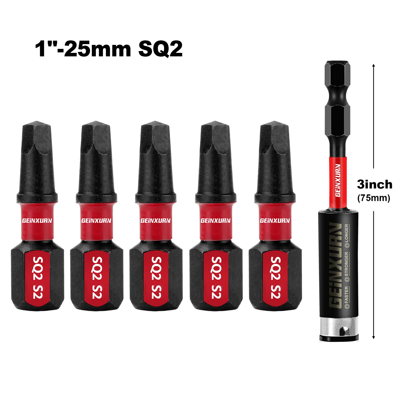 GEINXURN Impact Tough #2 Square 1 in/2in. Power Driver Bits, S2 Alloy Steel Magnetic SQ2 Screwdriver Bits Set