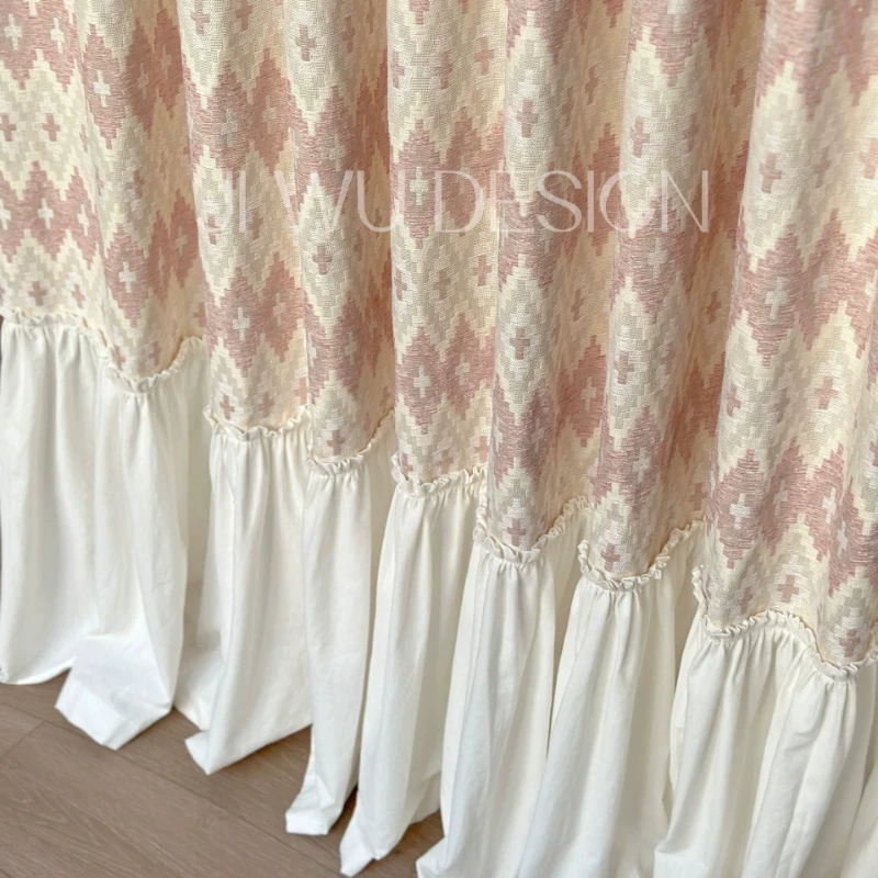 Mid Ancient Style Cream French Retro Style Skirt Stitching Curtains for Living Room Bedroom Partition Curtain Customization