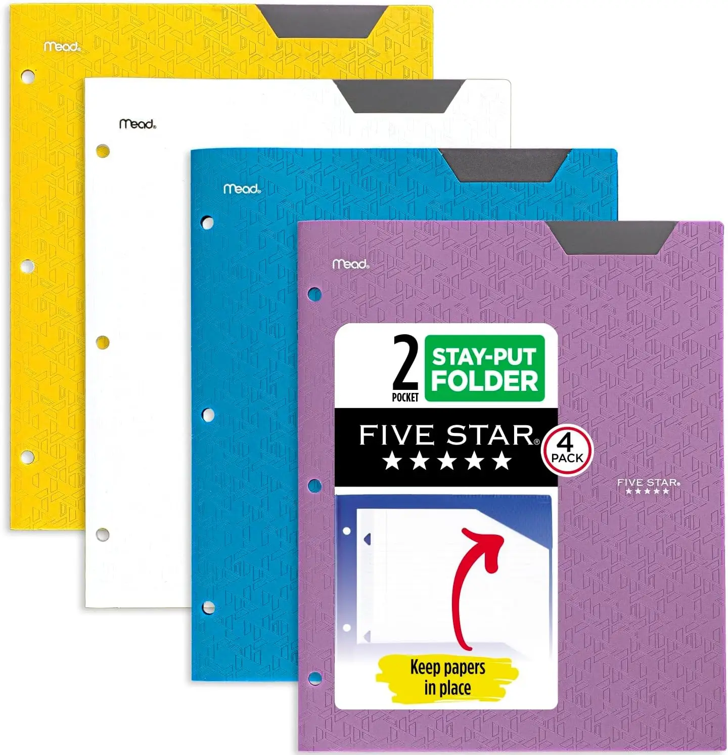 

4-Pack Plastic Folders with Stay-Put Tabs, Fits 3-Ring Binder, Holds Letter Paper in Assorted Colors
