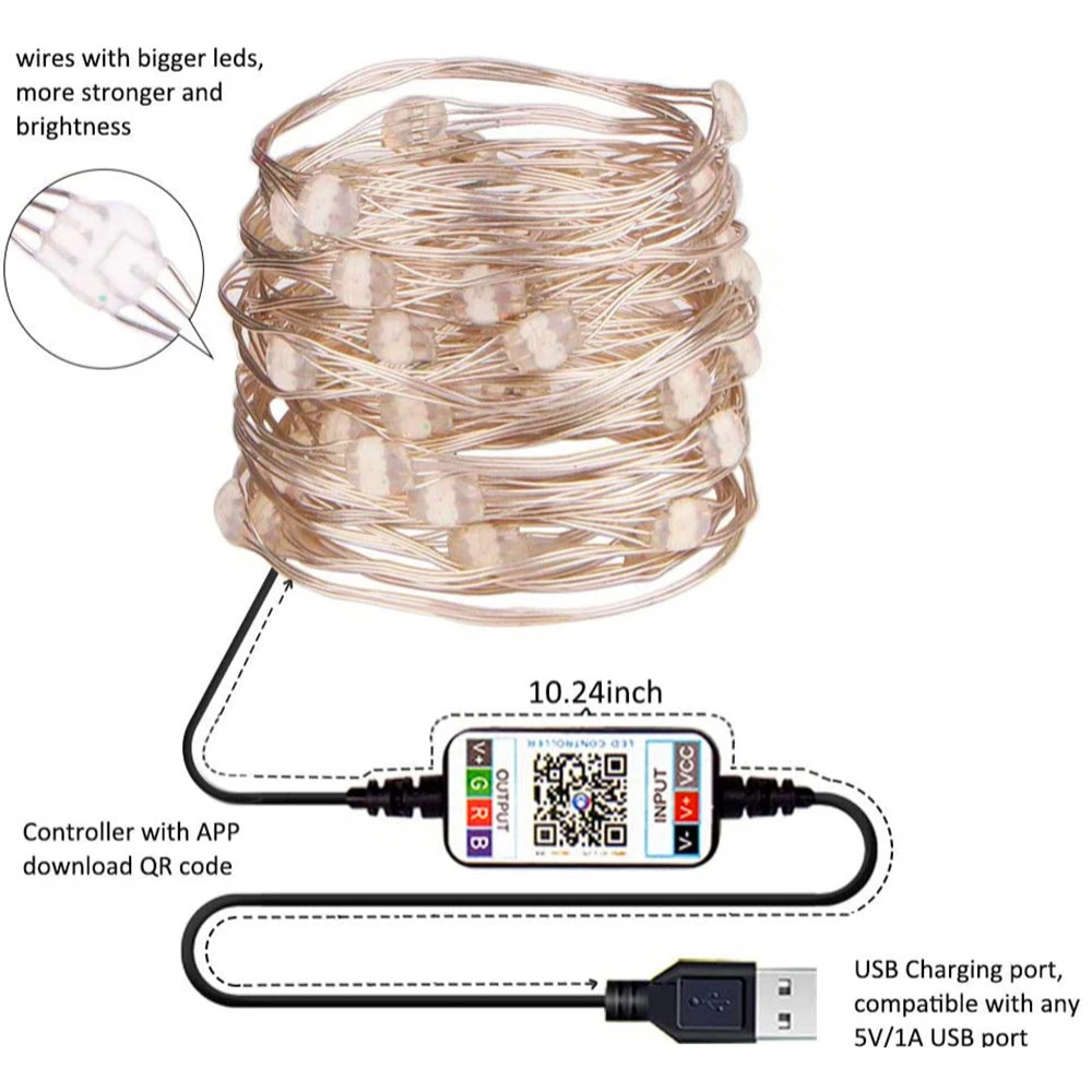 Guirnalda de luces Led con Bluetooth para decoración de árbol de Navidad, cable de cobre inteligente, USB, 5M/10M/20M/30M, Control por aplicación,