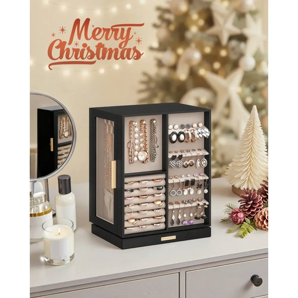 

Шкатулка для украшений с вращением на 360°, футляр для хранения украшений с 5 ящиками, органайзер для украшений, стеклянное окно, вместительный, вертикальный органайзер для украшений