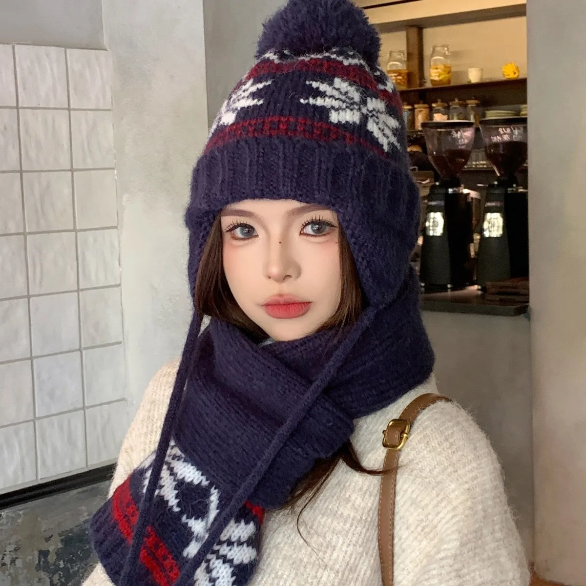 

Winter Xmas Warm Hat Scarf Set Fair Isle Snowflake Multi Stripe Knit Pom Chullo Hat Scarves Ski Trapper Hat Toque with Ear Flaps