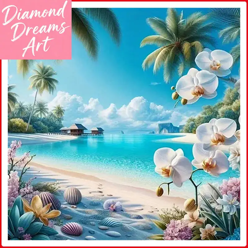 Rahmenlose Diamant-Malerei Blumen DIY Meereslandschaft Diamant-Mosaik Kokospalme Muscheln Heimdekoration Strass-Bilder