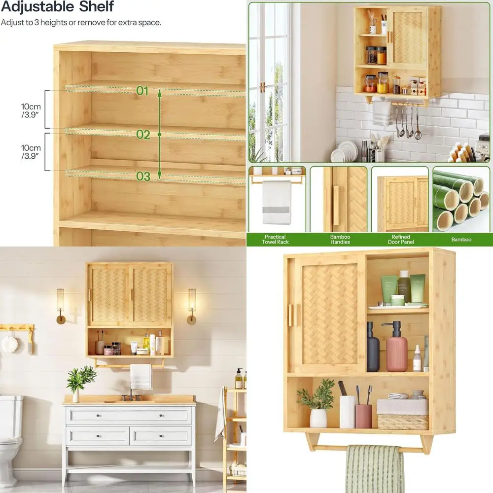 

Bathroom Wall Cabinet, Bamboo Medicine Cabinet with Towel Rack & Adjustable Shelf, Over The Toilet Storage Cabinets, 23.6 x 7.9