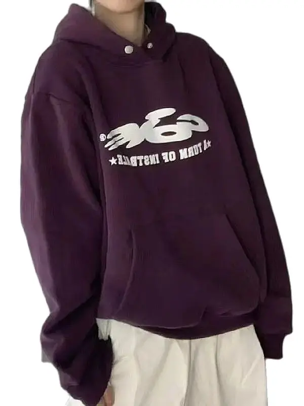 Women's Vintage Long Sleeve Letter Print Sweatshirts American Retro Hooded Warm Female Fashion Loose Fit Top