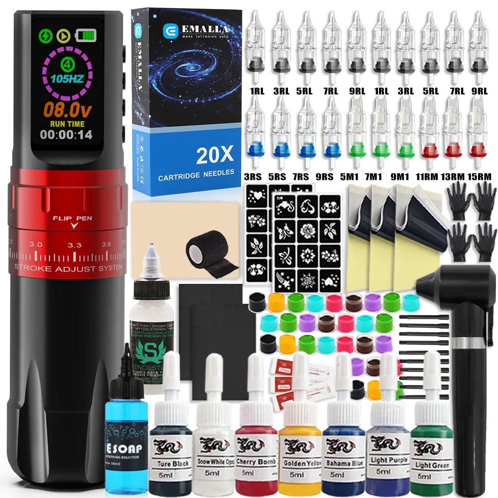 Professional Wireless Tattoo Machine Kit Wireless Rotary Tattoo Pen with Tattoo Cartridge Needles Inks for Tattoo Beginners Set