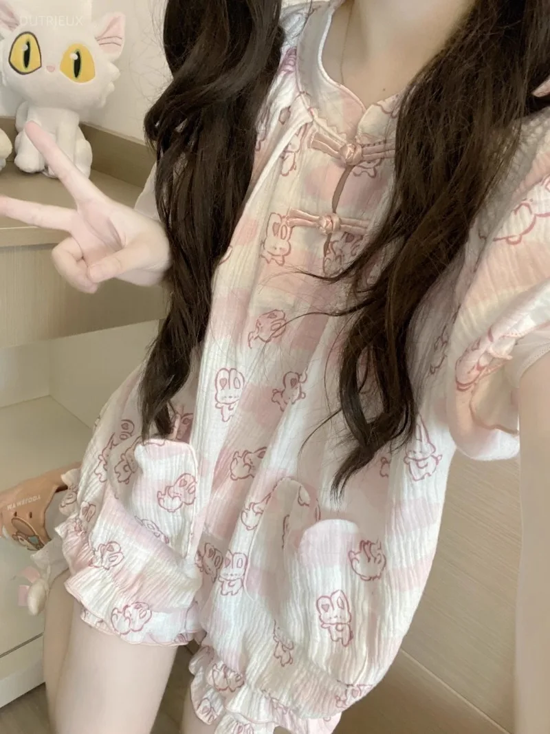 Image of Japanisches Lolita-Stil Hasen-Print Pyjama-Set Kawaii Kurzarm-Oberteil Lässiger Shorts-Anzug Damen Süße Prinzessinnen-Homewear