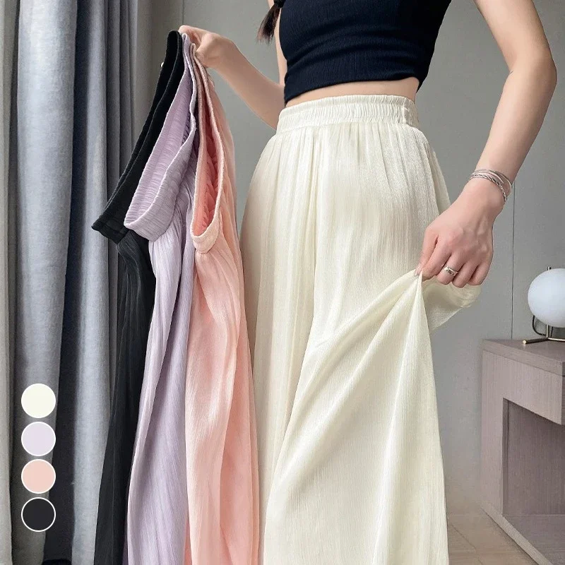 กางเกงขายาวทรงตรงเอวสูงผ้าบางเบาใส่สบายสำหรับผู้หญิงช่วงฤดูร้อน