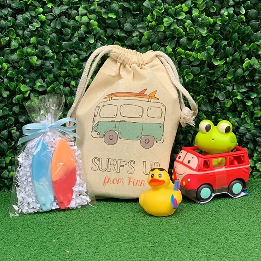 

Custom 6Pcs Surf's Up Favor Bag Van Boards Surf Birthday Theme Decoration Beach Bachelorette Party Drawstring Bag Baby Shower