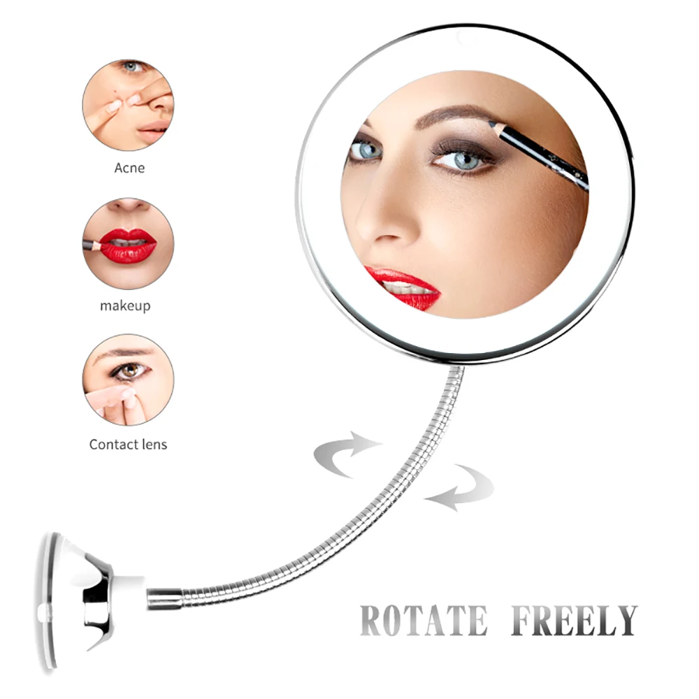 10x duże, podświetlane lusterko do makijażu, zasilane bateryjnie lusterko do makijażu LED z przyssawką, lustro powiększające 360 °   Lustro obrotowe