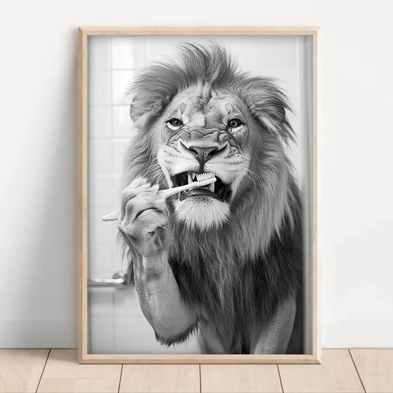Black White Funny Bathroom Brushing Teeth Poster Vintage Style Animal Canvas Painting Print Wall Art Picture for Home Decoration