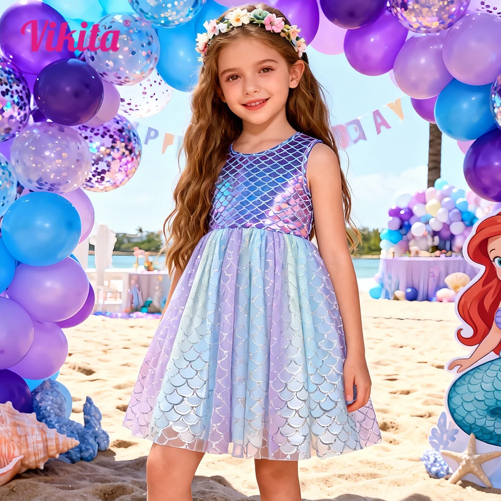 

VIKITA платье русалки для маленьких девочек, детское блестящее платье с градиентом фиолетового и синего цвета из тюля, сетчатое платье принцессы, наряды, платье для выпускного вечера