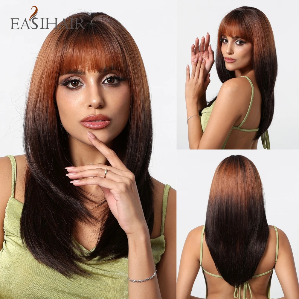 EASIHAIR Long Straight Layered Synthetic Wigs Wigs with Bangs Orange Brown Ombre Hair Wig for Women Cosplay Party Heat Resistant