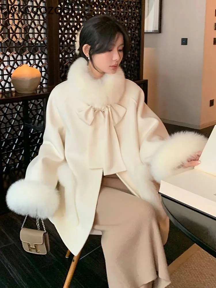 Bow 2024 Winter Fluffy Coat New Imitation Fox Fur Collar Fur Cloak Woolen Coat for Women Loose Fit Jackets Winter 2024