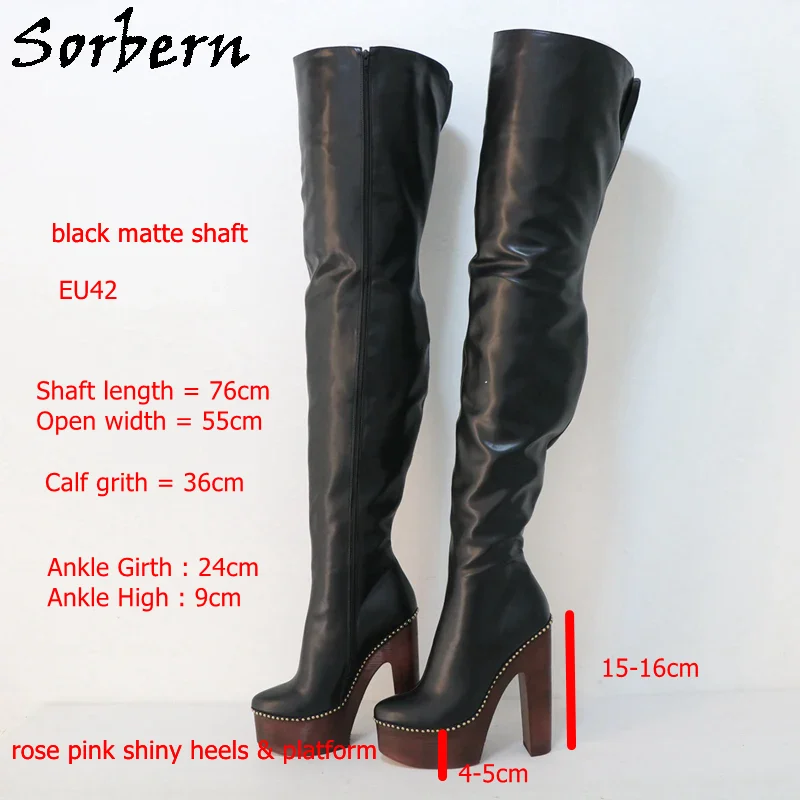 Sorbern Rose Pink Heel Crotch Thigh High Boots Women Block High Heel Platform Rivets Around Winter Style Drag Queen Shoes Custom