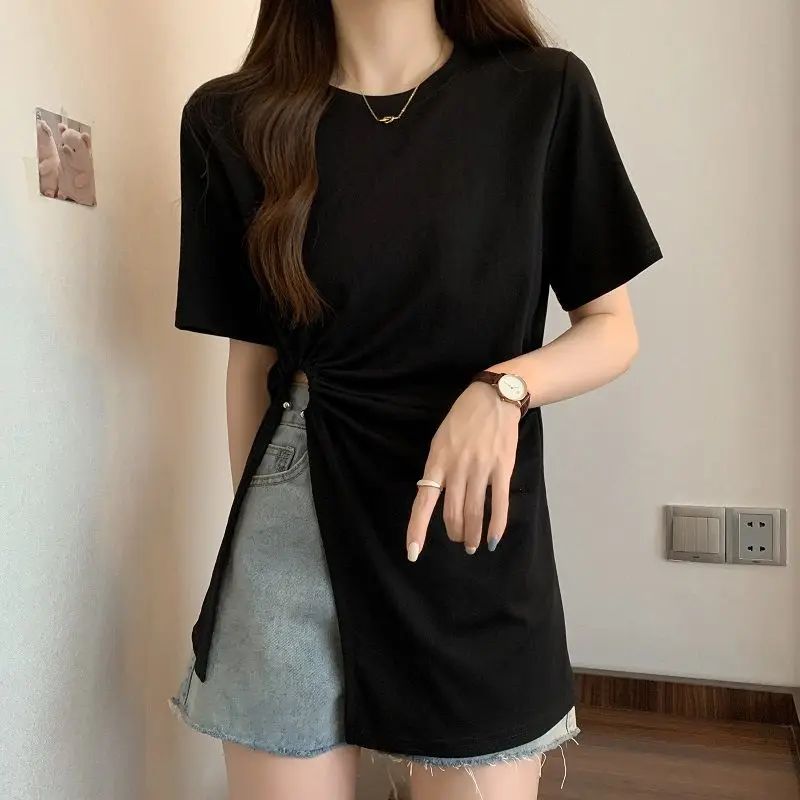 T-shirts Women Side-slit Design Sexy Folds Pure Simple All-match Loose Daily Korean Style Female Casual Summer Long Clothes New