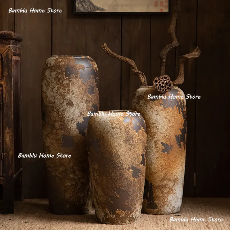 Wabi-Sabi Retro-Vasen, Keramik-Bodenvasen mit künstlerischem Flair, vielfältige Vasen, kreatives Design, Heimdekoration, Vaso De Flores YS40CC