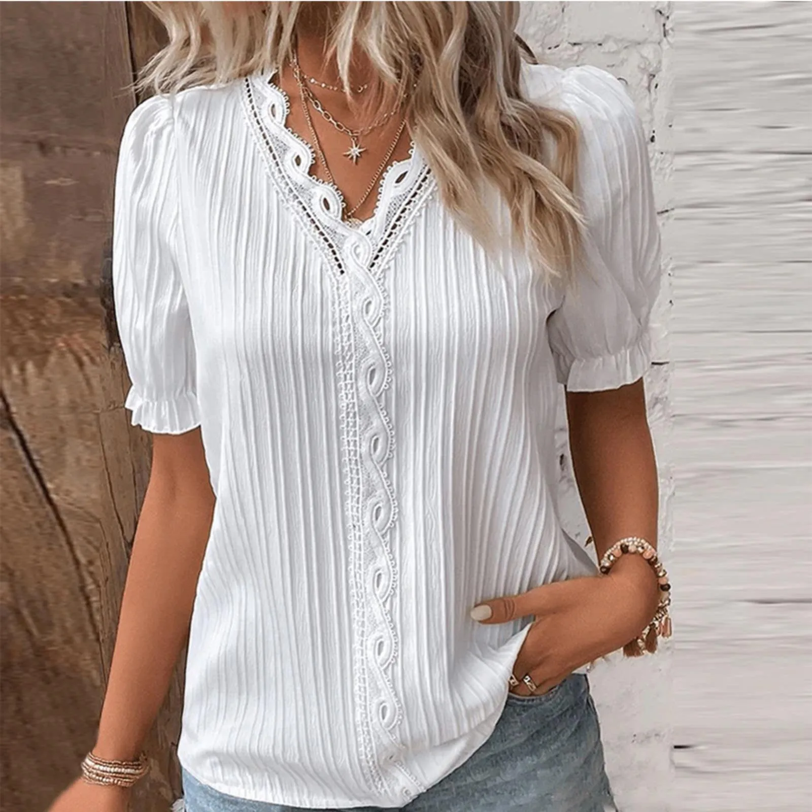 

Women Plus Size Lace V Neck Shirt, Ventilate Summer Solid Short Sleeve Tops, Comfy Soft Breathable Tee Shirts, Outdoors Clothing